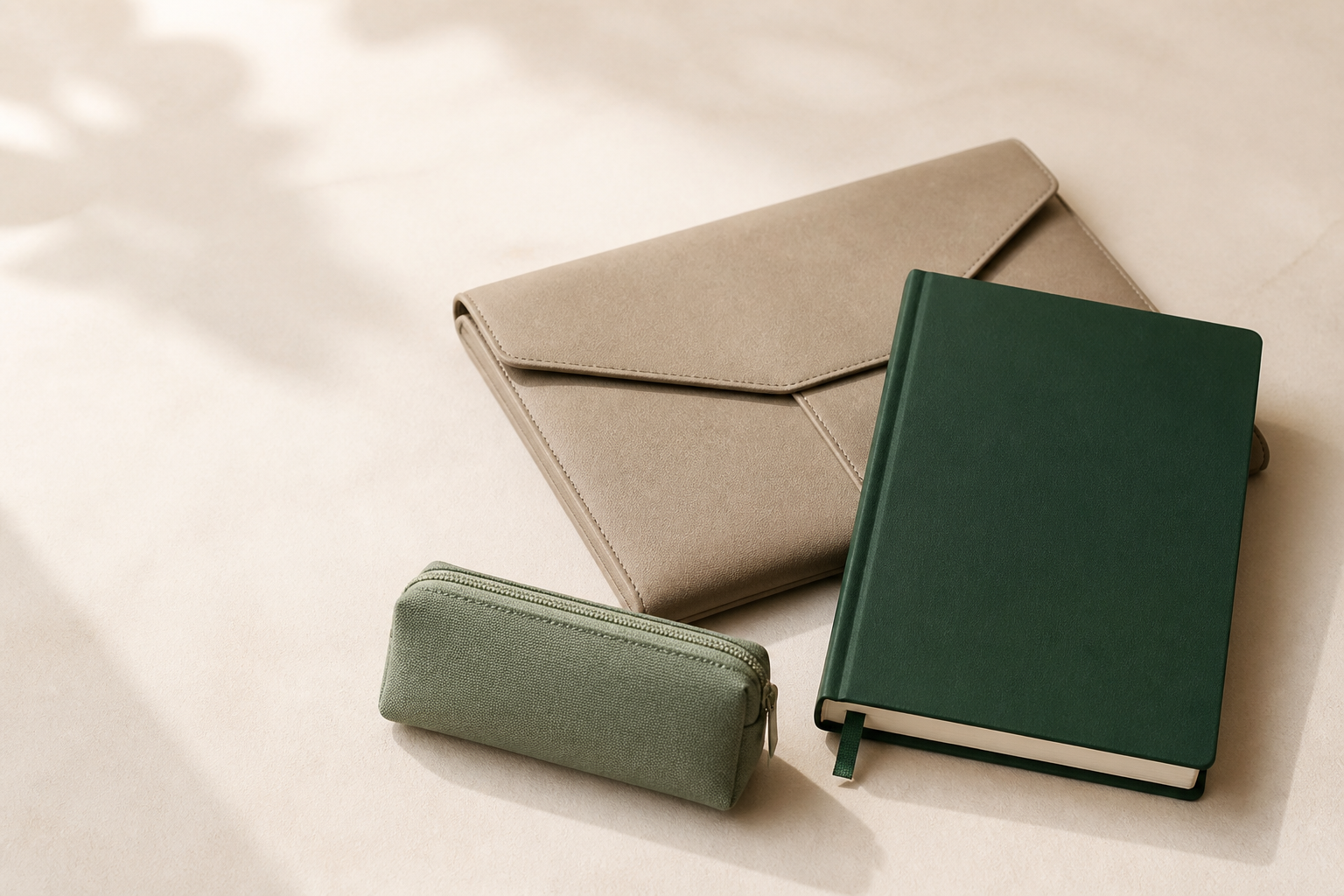 Unbranded forest notebook, sandstone folio and sage fabric pouch on a pearl studio surface
