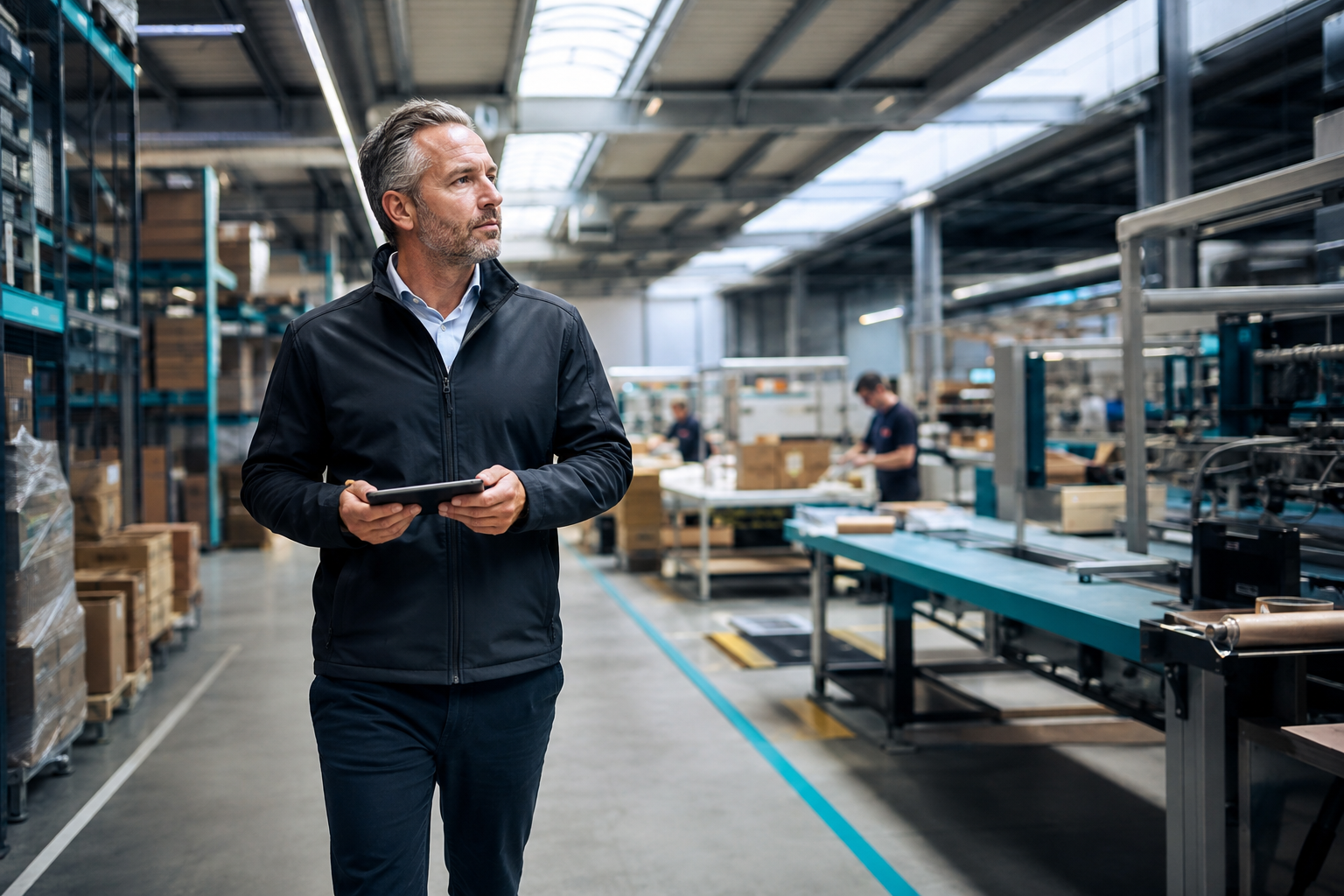 An operations lead reviewing work on a tablet inside a modern warehouse and production floor.